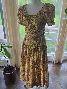 Ulla Johnson Yellow & Rust Floral Puff-Sleeve Midi Dress